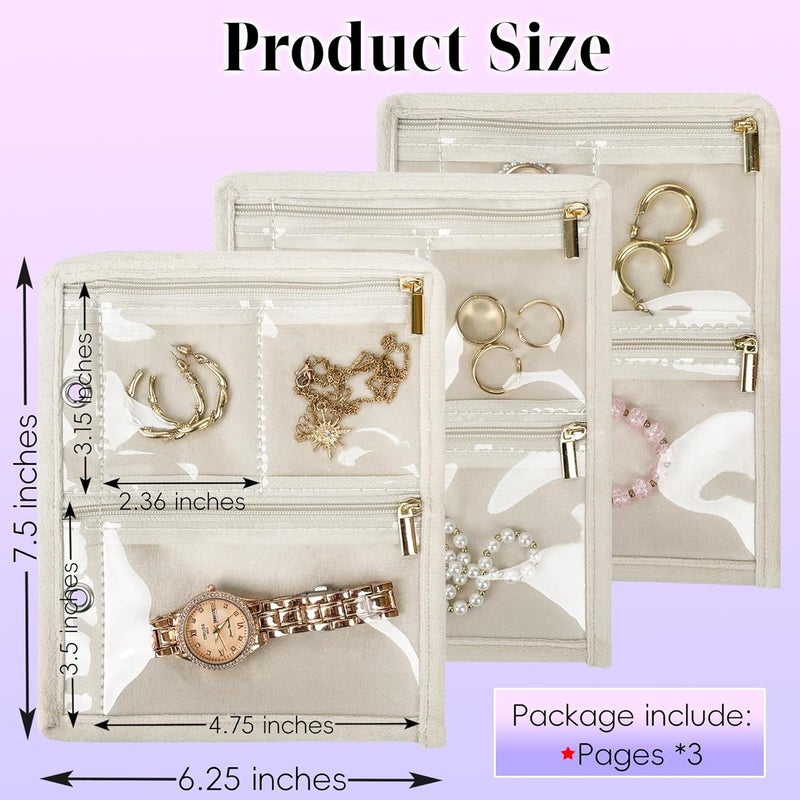 LingLingo Travel Jewelry Organizer Case, Jewelry Bags Jewelry Storage Book Binder with Clear Zipper Velvet Pouch for Traveling,Earrings, Rings, Necklace, Bracelet (Inner Pages,Beige,3 PCS) - Image 2
